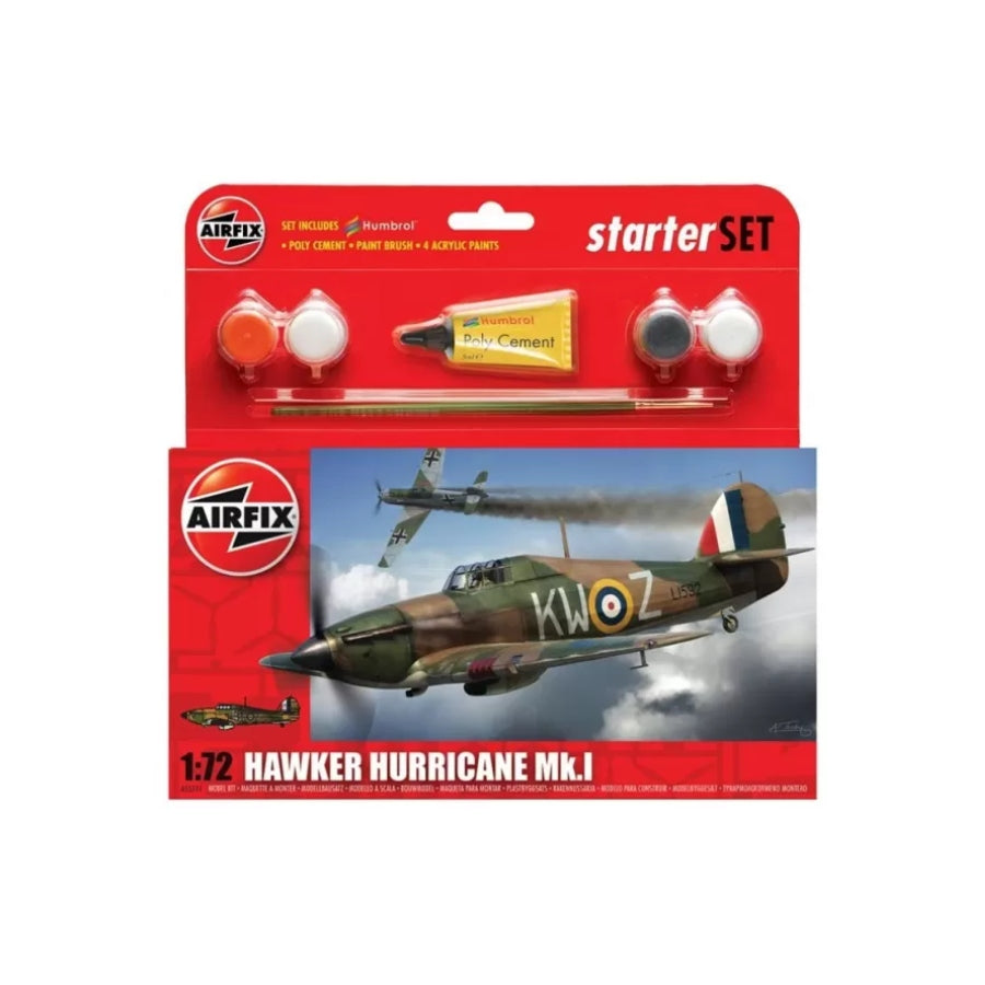 Airfix 1/72 Hawker Hurricane Mk.1 Fighter Scaled Plastic Model Kit Small Starter Set